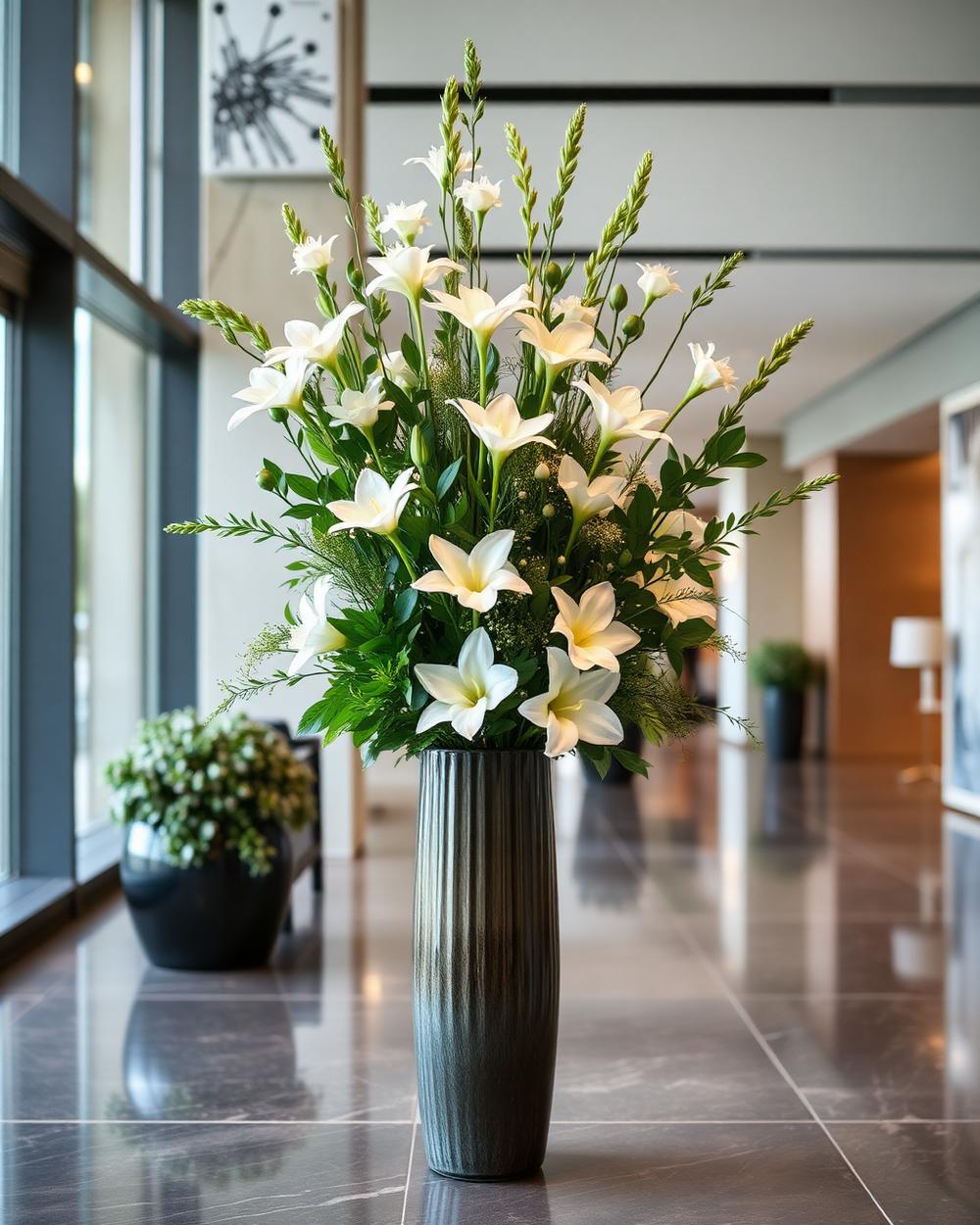 Tall corporate reception flower arrangement by Larkspur & Co, Edinburgh florist