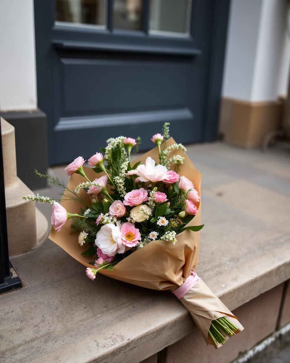 Everyday pink and cream bouquet wrapped in paper by Larkspur & Co, Edinburgh florist