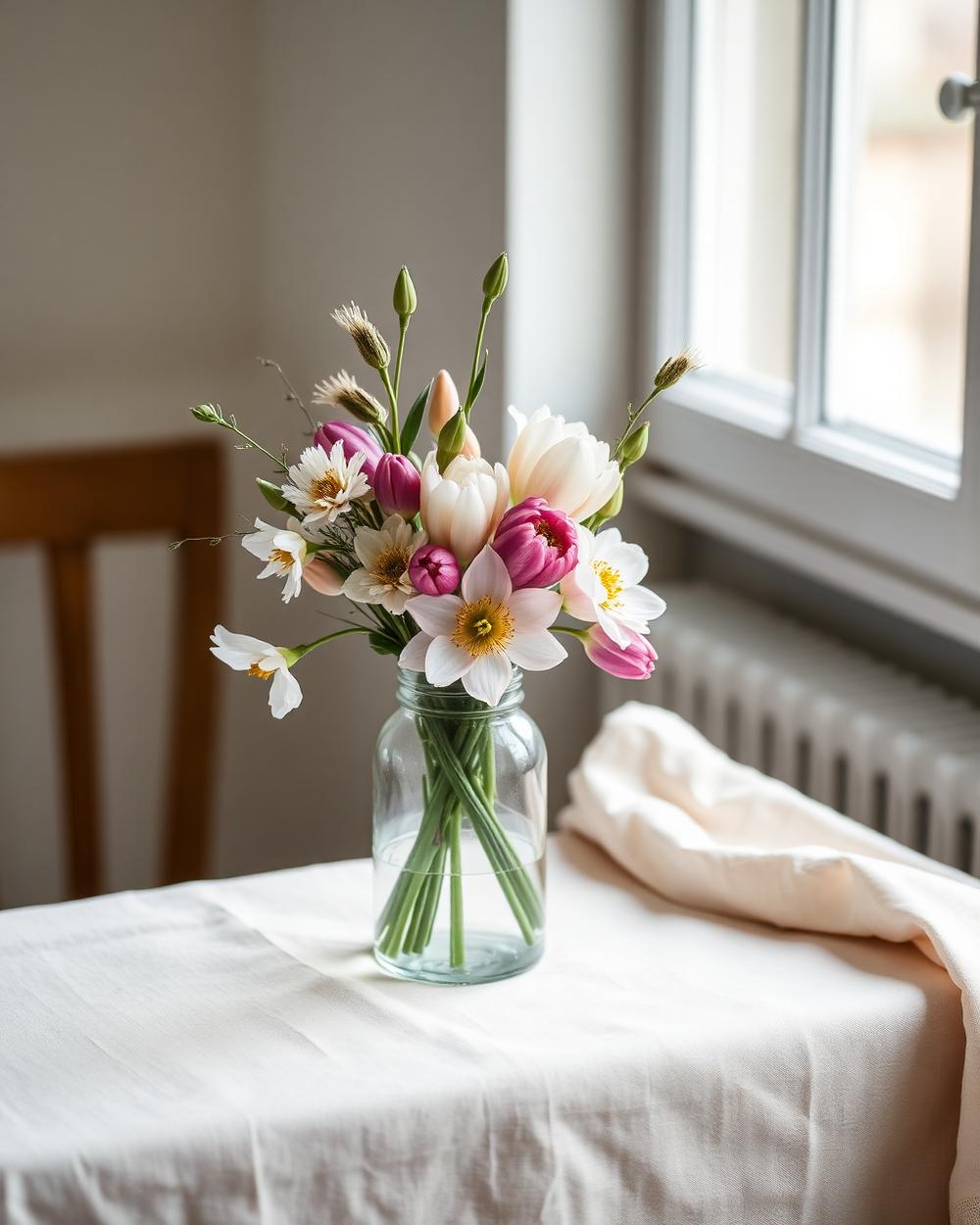 Spring posy of tulips and narcissi in a glass jar, arranged by Larkspur & Co, Edinburgh florist