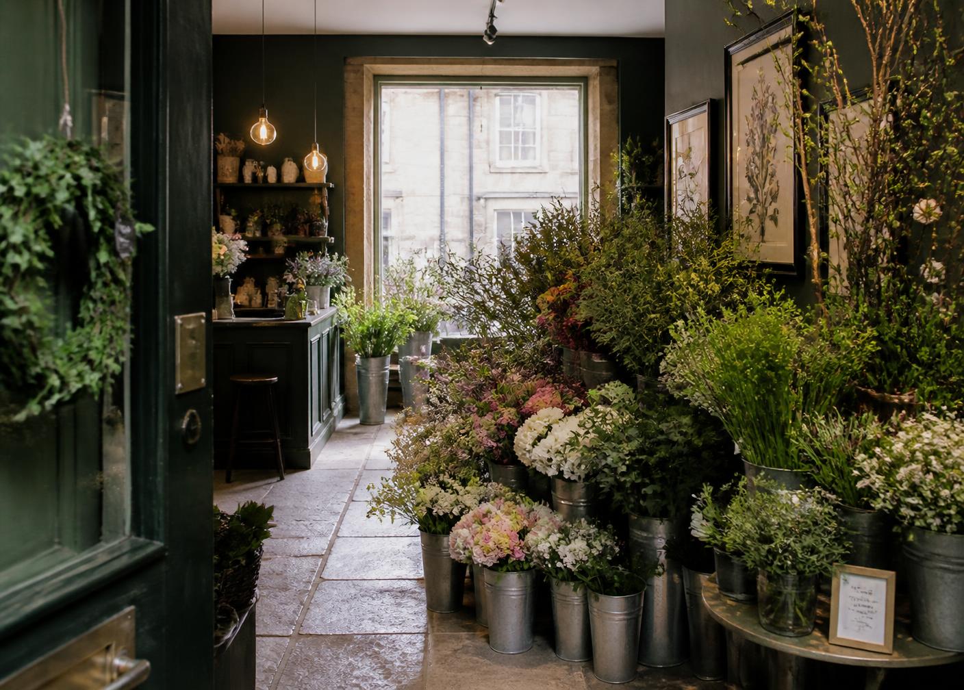 Interior of Larkspur & Co florist shop in Stockbridge, Edinburgh, with buckets of fresh flowers