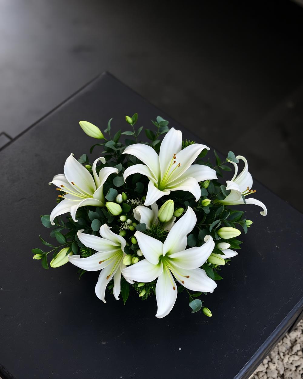 White lily sympathy tribute arrangement by Larkspur & Co, Edinburgh florist