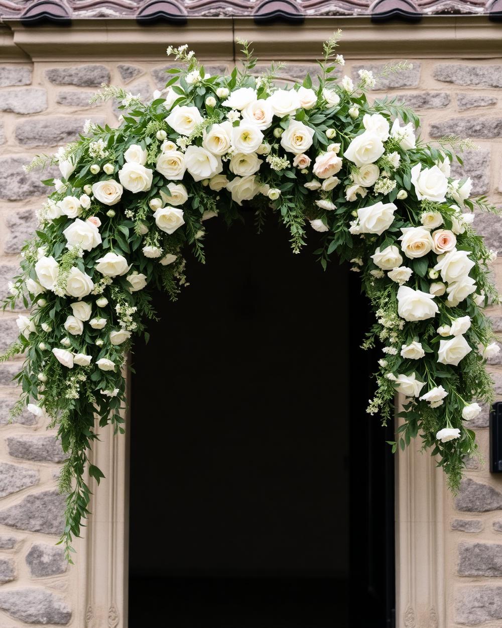 Wedding ceremony flower arch of white roses and foliage by Larkspur & Co, Edinburgh florist