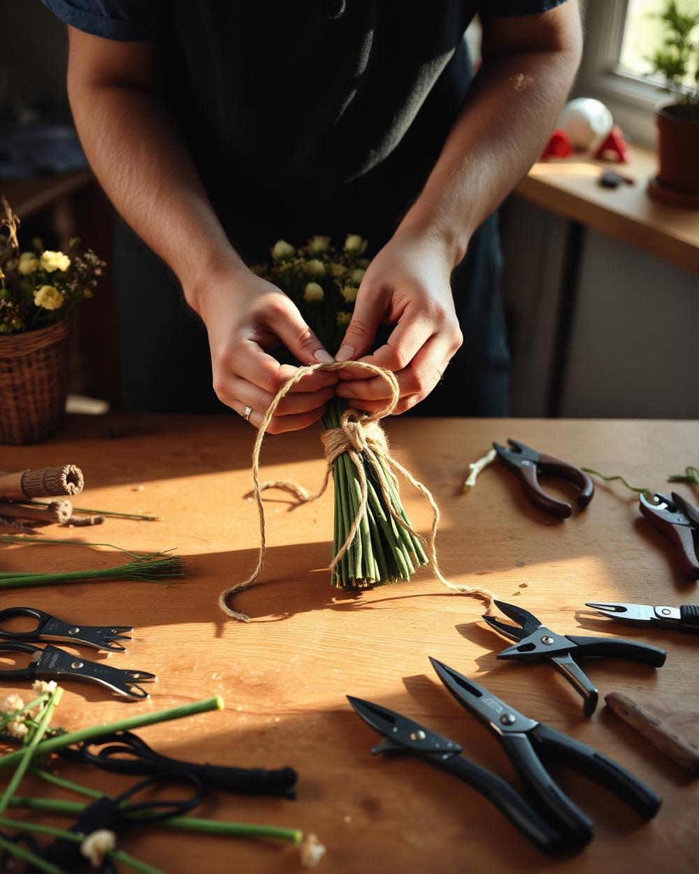 Florist tying a bouquet with twine during a floristry workshop at Larkspur & Co, Edinburgh